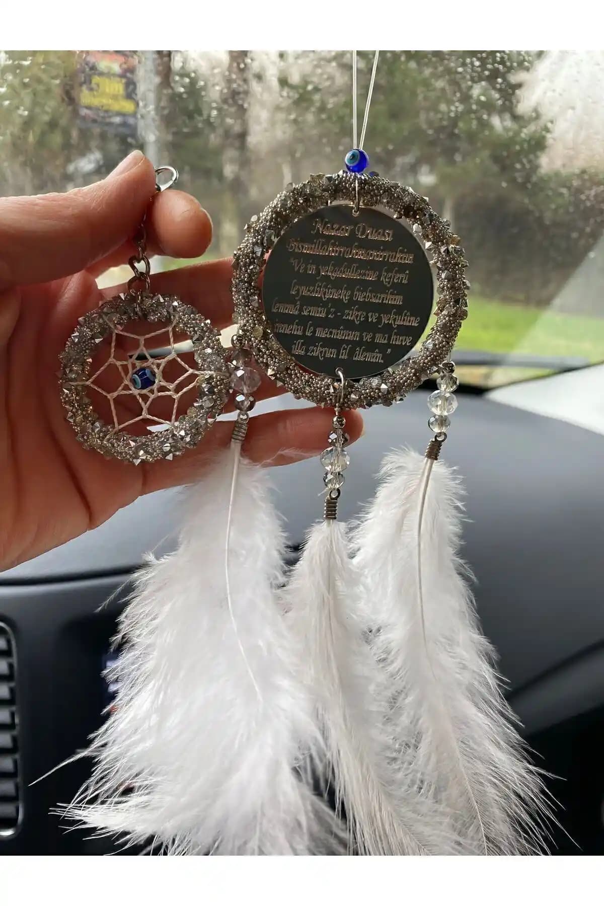 Araçlar İçin El Yapımı Anahtarlıklı Takım Düş Kapanı ve Nazar Dua Aynası