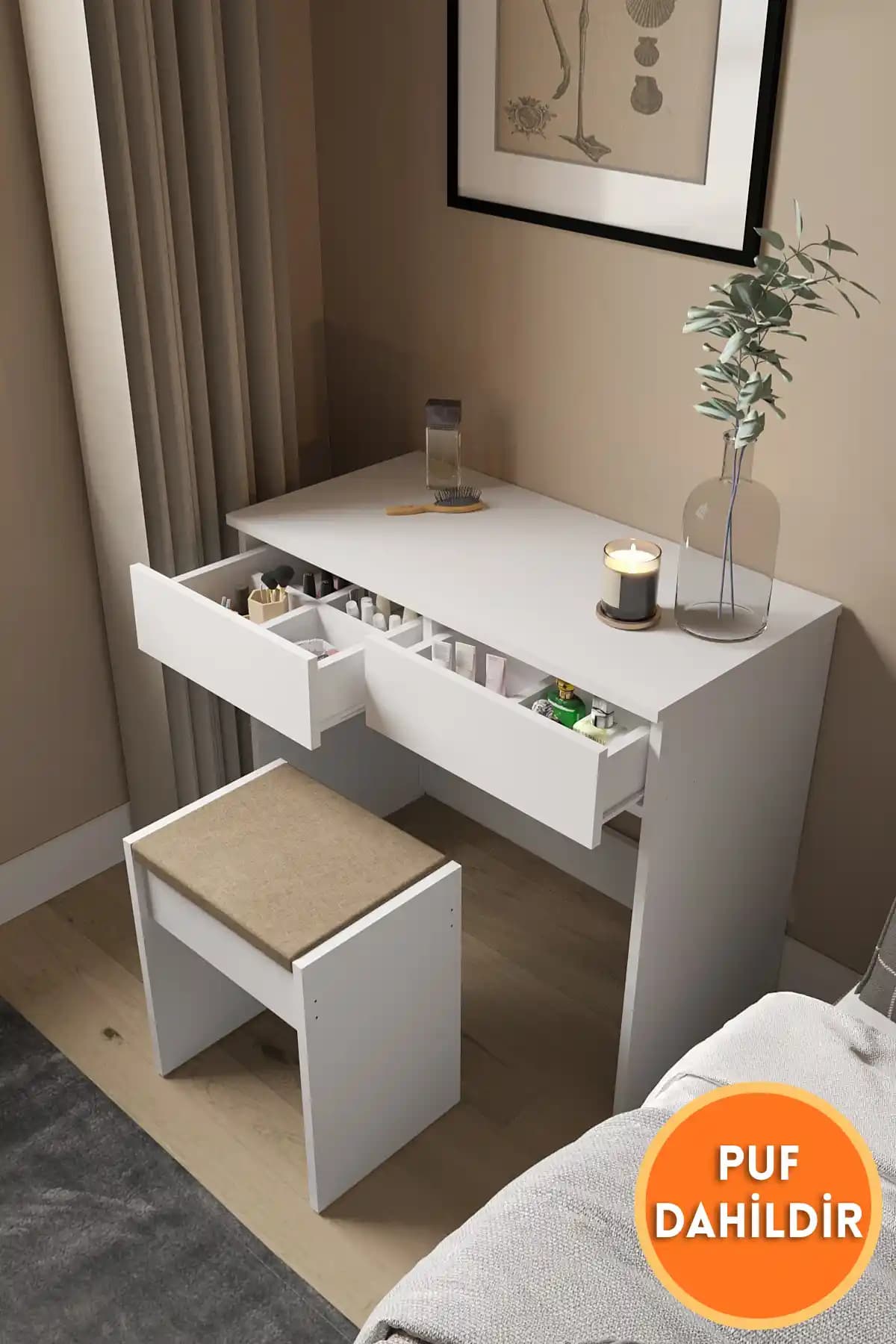 DEKORFİM DF02102B İki Çekmeceli Modern Makyaj Masası Beyaz Renkli