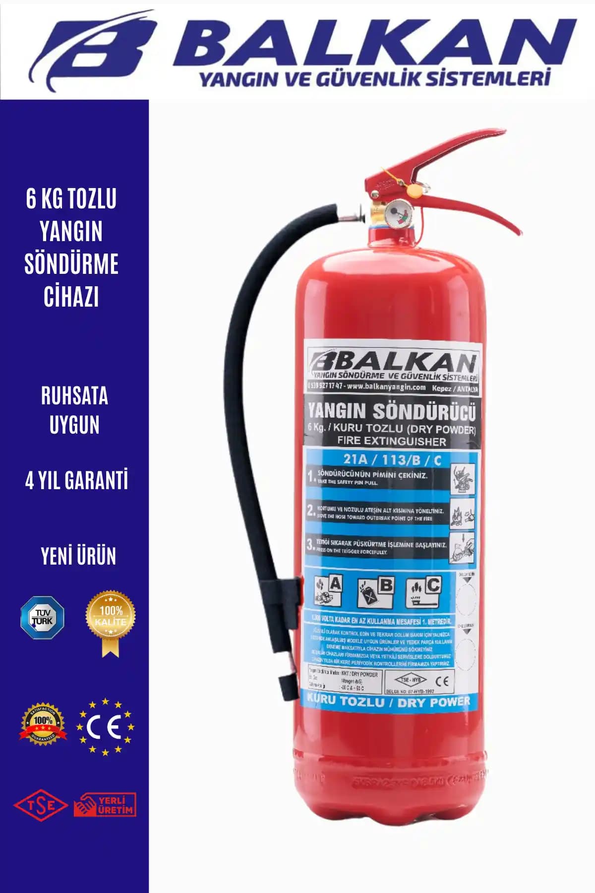 Elit Yangın ve Güvenlik Sistemleri'nin 6 kg'lık tozlu yangın söndürme tüpü özellikleri ve kullanım alanları