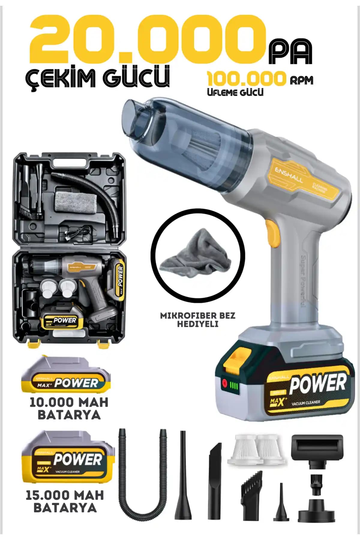 Enshall 20.000PA Çantalı Yedek Filtreli Çift Bataryalı 120W Şarjlı 2IN1 Araç İçi Süpürge