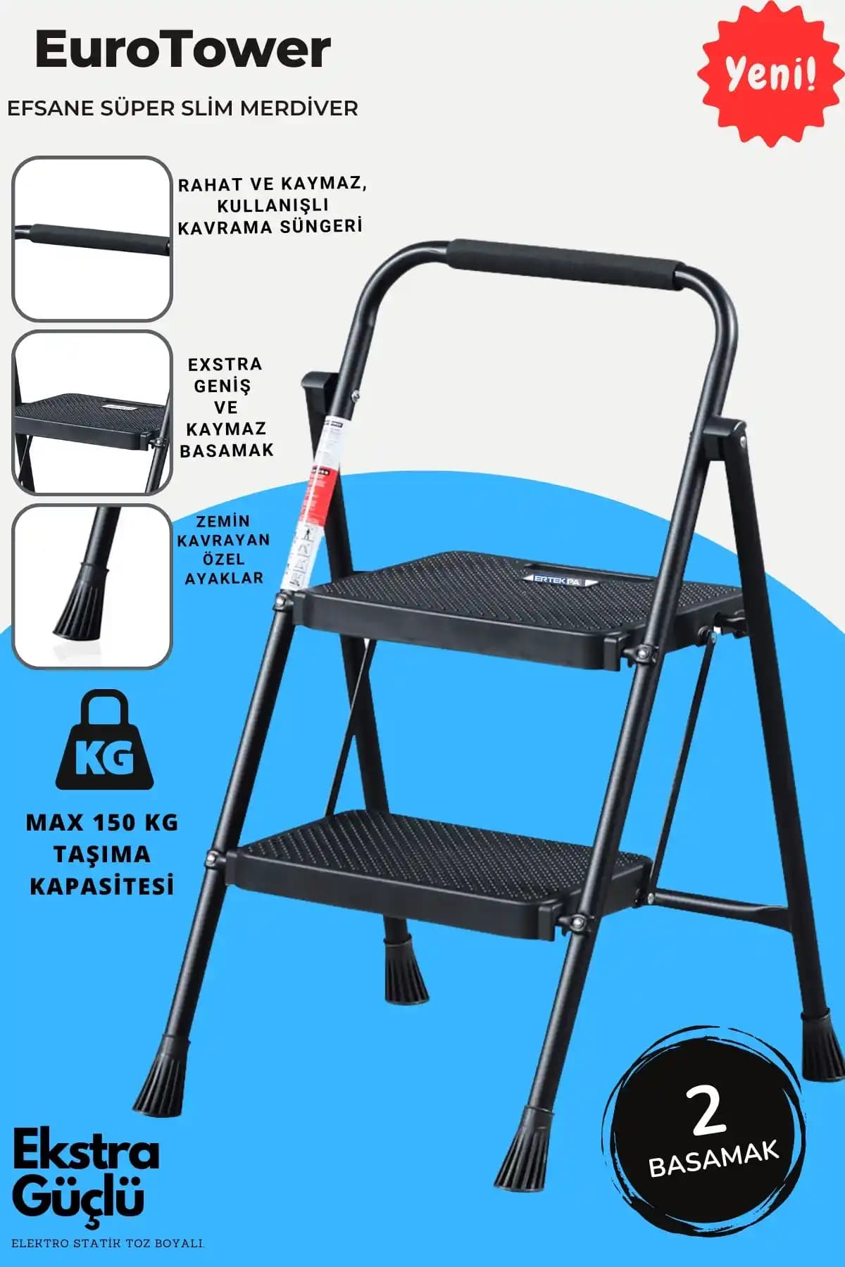 ERTEKPA 2 Basamak Siyah Metal Merdiven Günlük Kullanım ve Güvenlik İçin Uygun