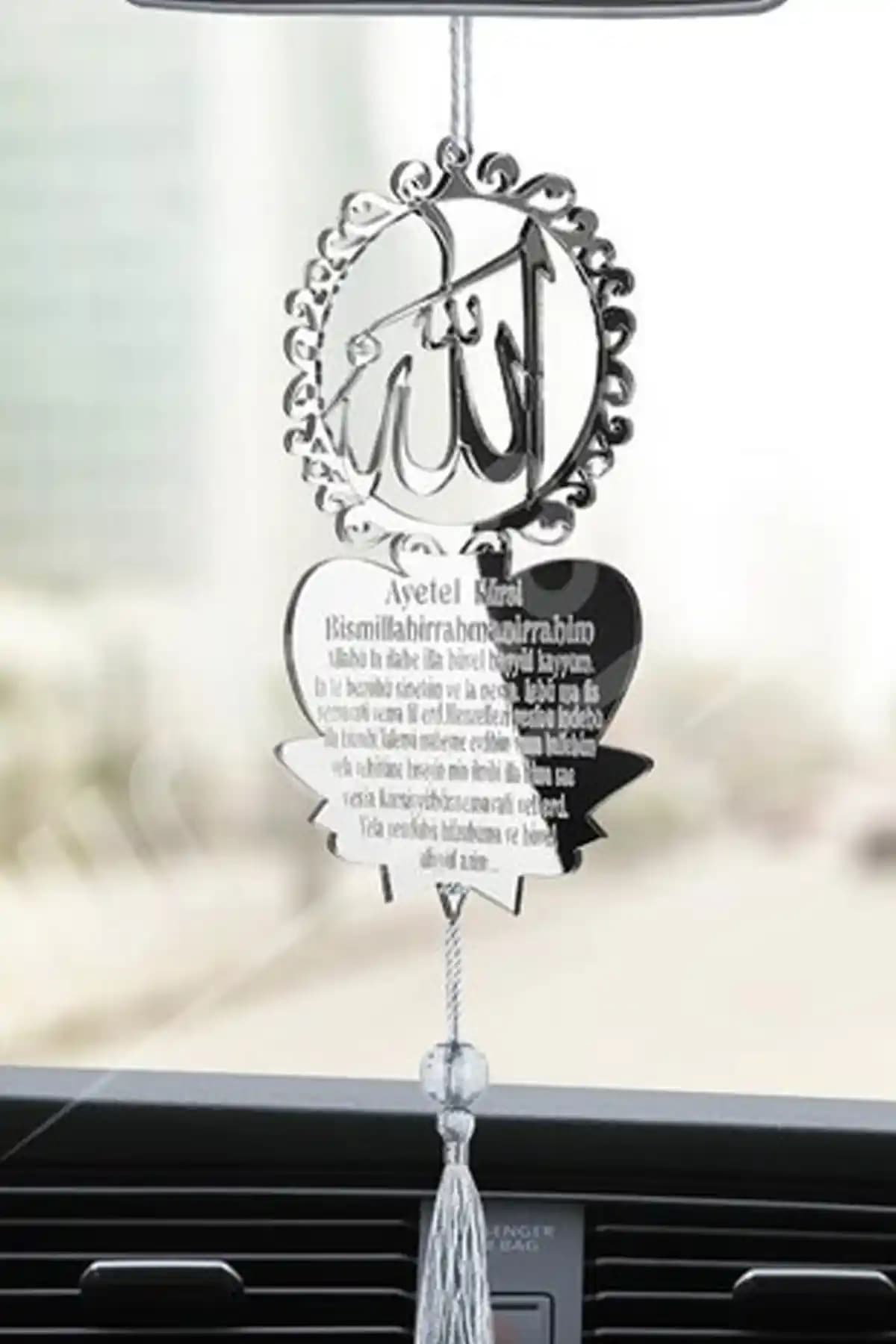 Pleksi Gümüş Renk Allah Lafzı ve Ayetel Kürsi Motifli Dikiz Aynası Süsü Türkiye Üretimi