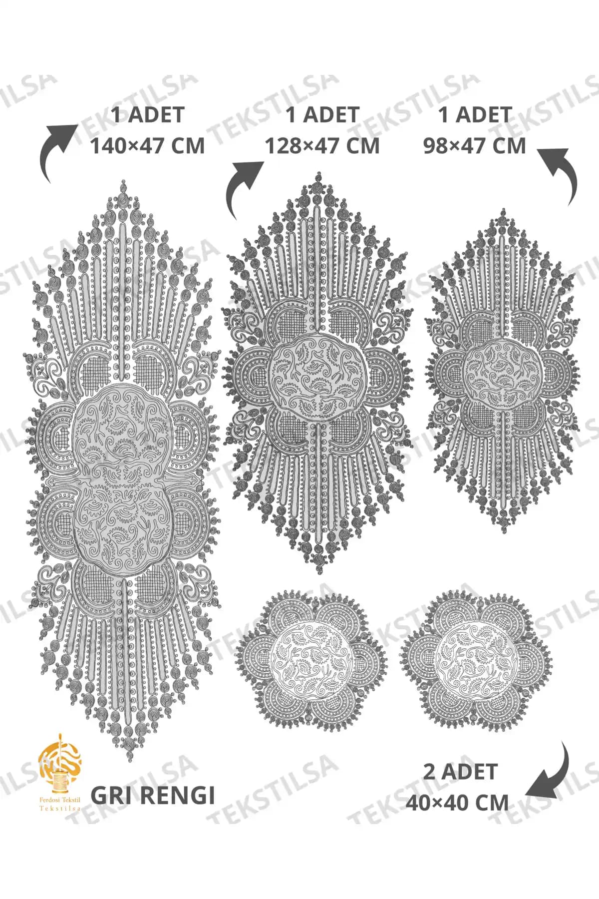 Tekstilsa Lüks Masa Örtüsü Gri Renk Çiçek Desenli ve Güpür Detaylı Modern Tasarım