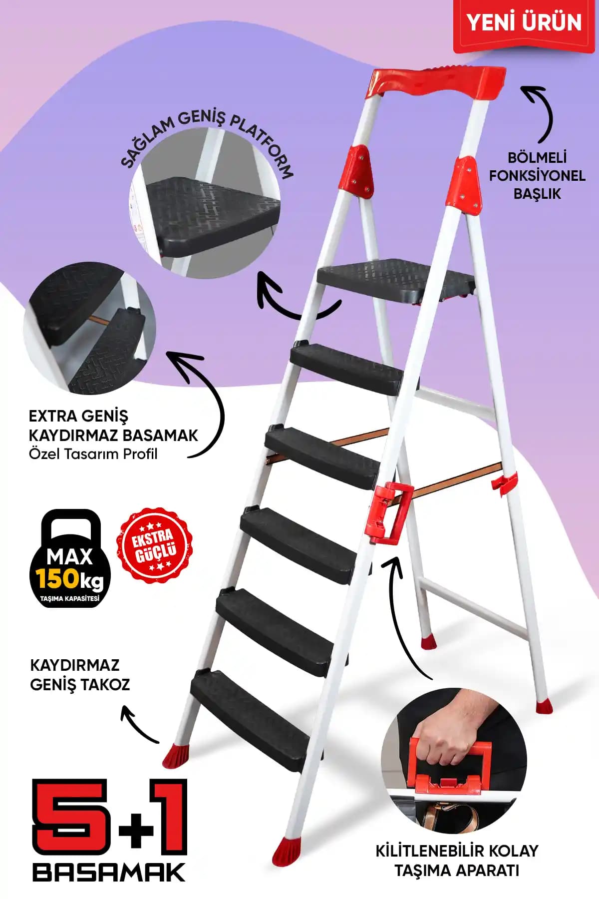 ZE Zigana Elegance 5+1 Geniş Basamaklı Kolay Taşıma Aparatlı Metal Merdiven Özellikleri ve Kullanım Alanları