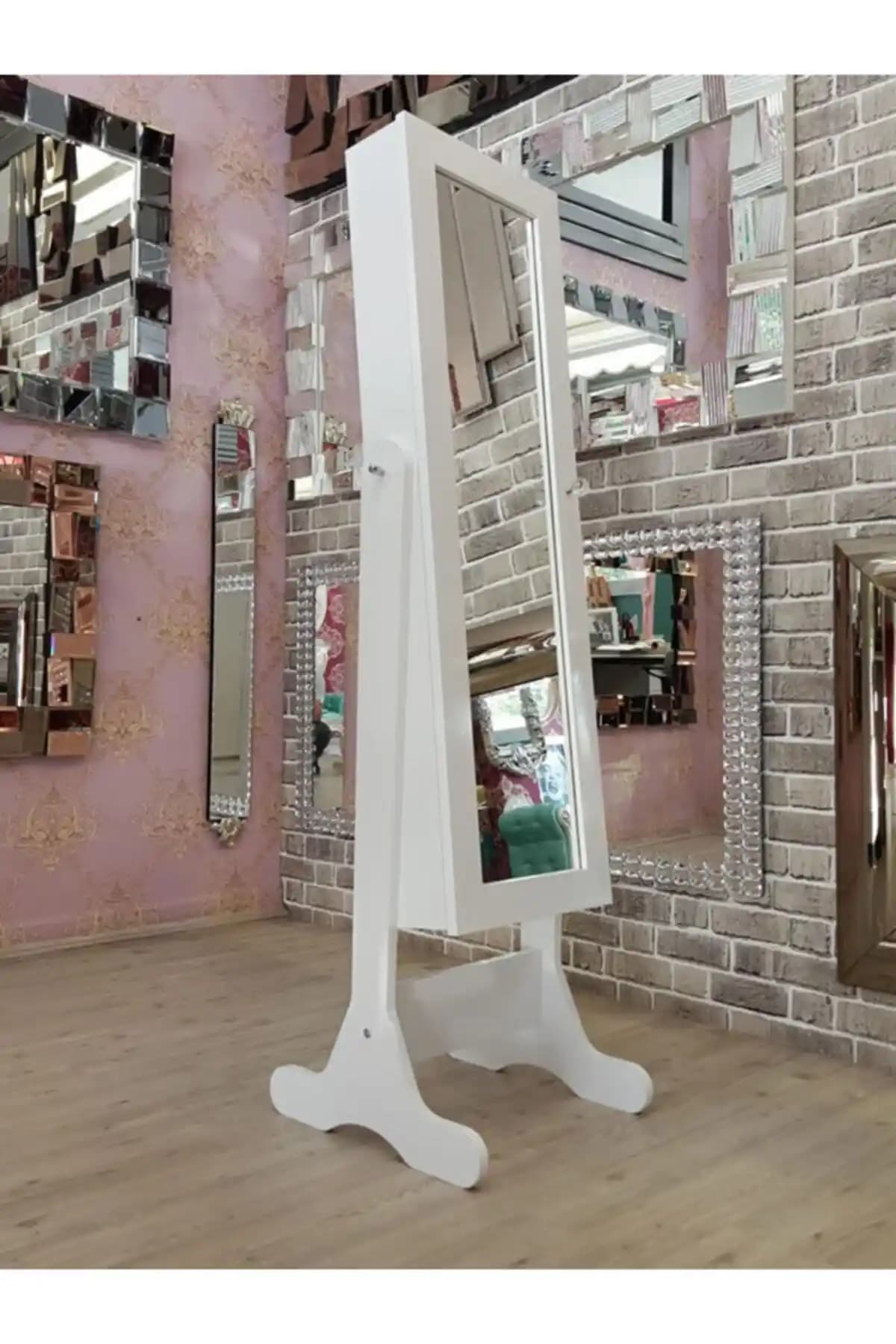 Ayna Denizii Beyaz Renk Ayaklı Takı ve Makyaj Dolabı Modern Tasarım