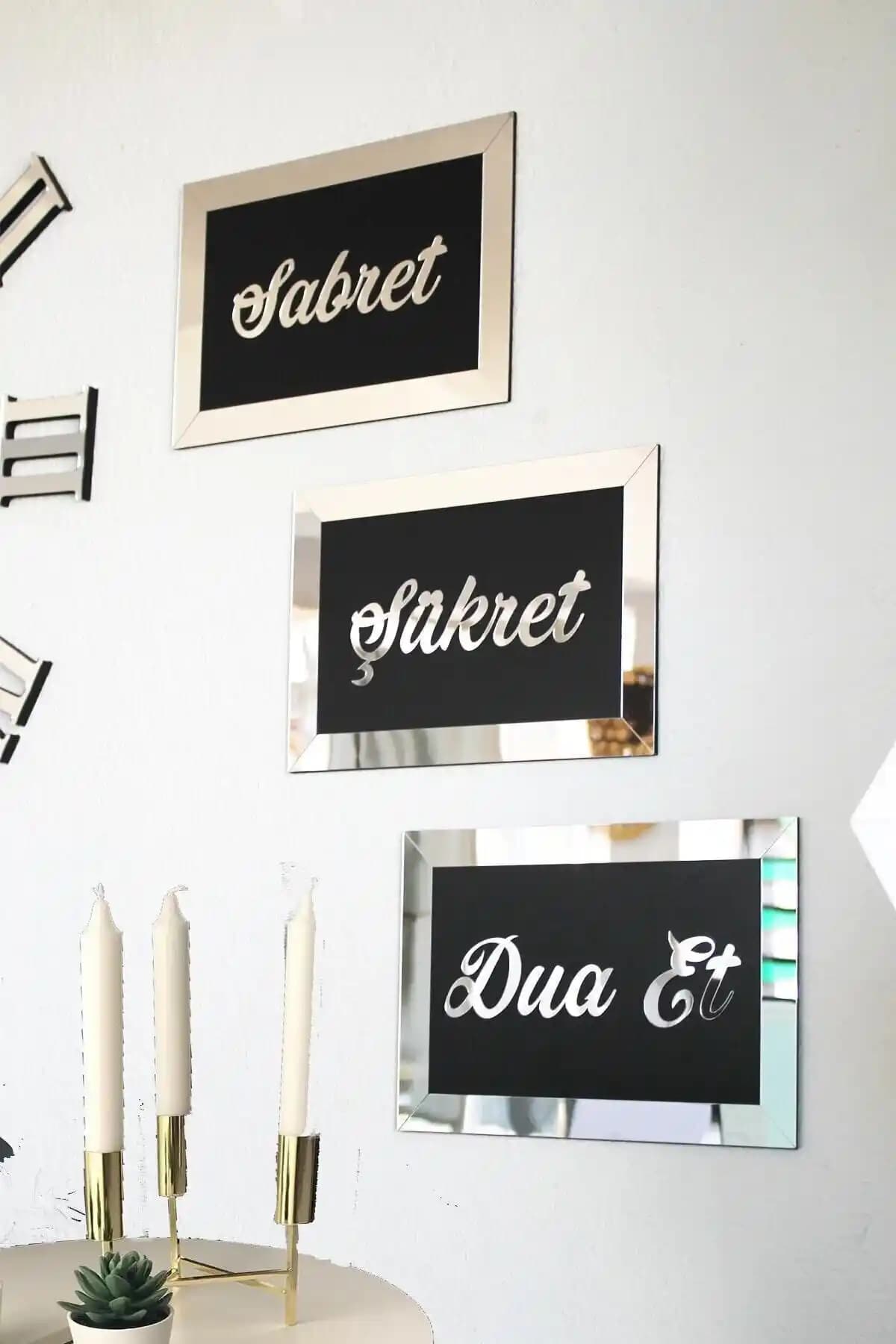 Genel Markalar 3D Gümüş Aynalı Sabret Şükret Dua Et Duvar Tablosu