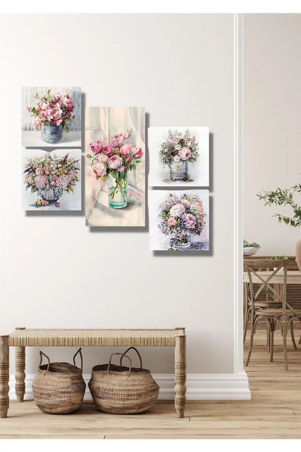 NT Handmade 5 Parça Ahşap Renkli Vazoda Çiçekler Duvar Dekoru Ürün Özellikleri ve Tasarım Detayları
