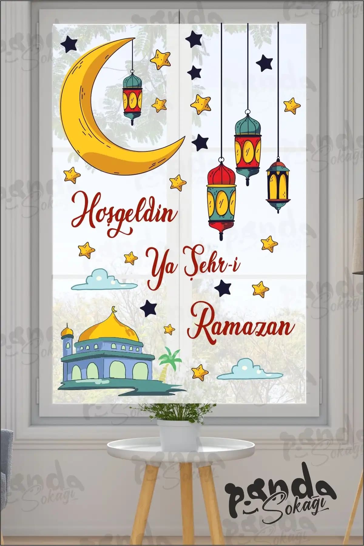 Panda Sokağı Ramazan Temalı Cam Duvar Süsleri Çocuklar ve Aileler İçin Estetik Dekorasyon