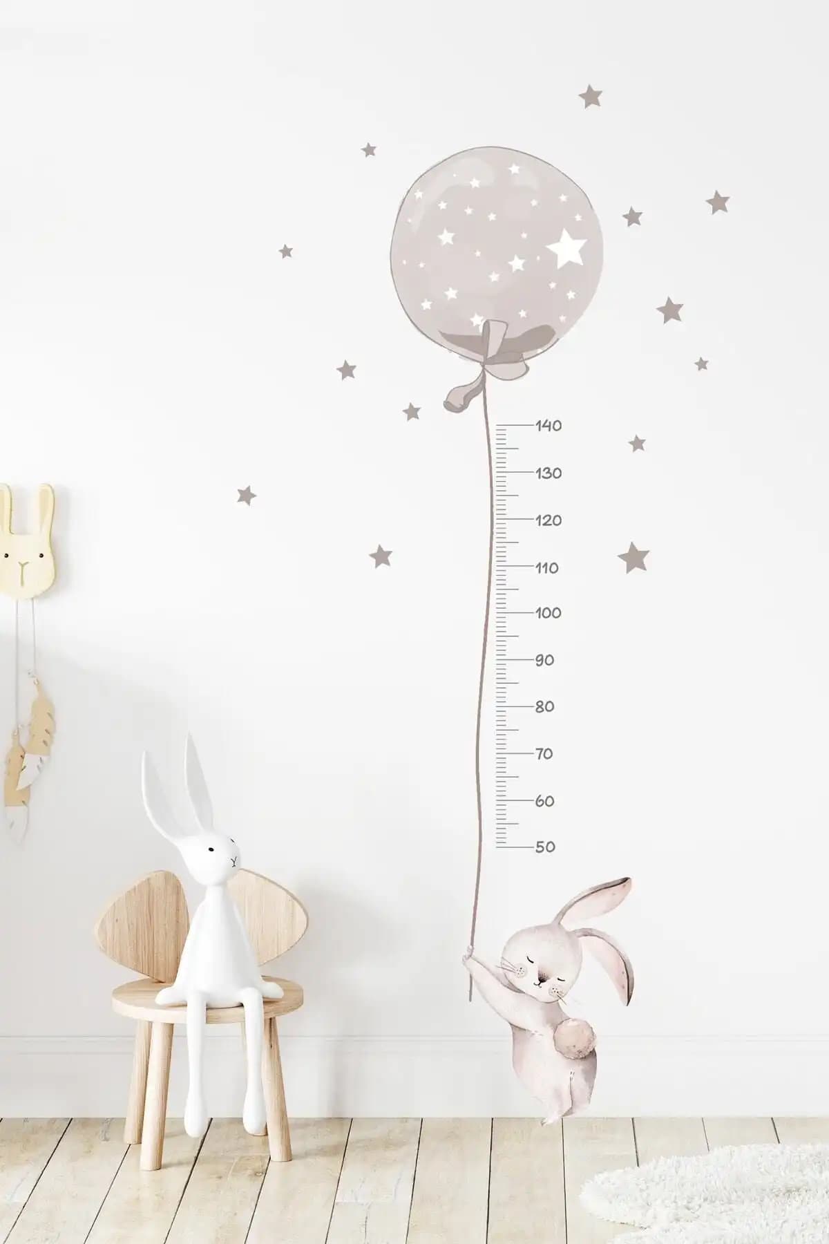 Sim Tasarım Füme Renk Balonlu Tavşan Boy Ölçer Duvar Sticker Seti Çocuk Odası Dekorasyonu