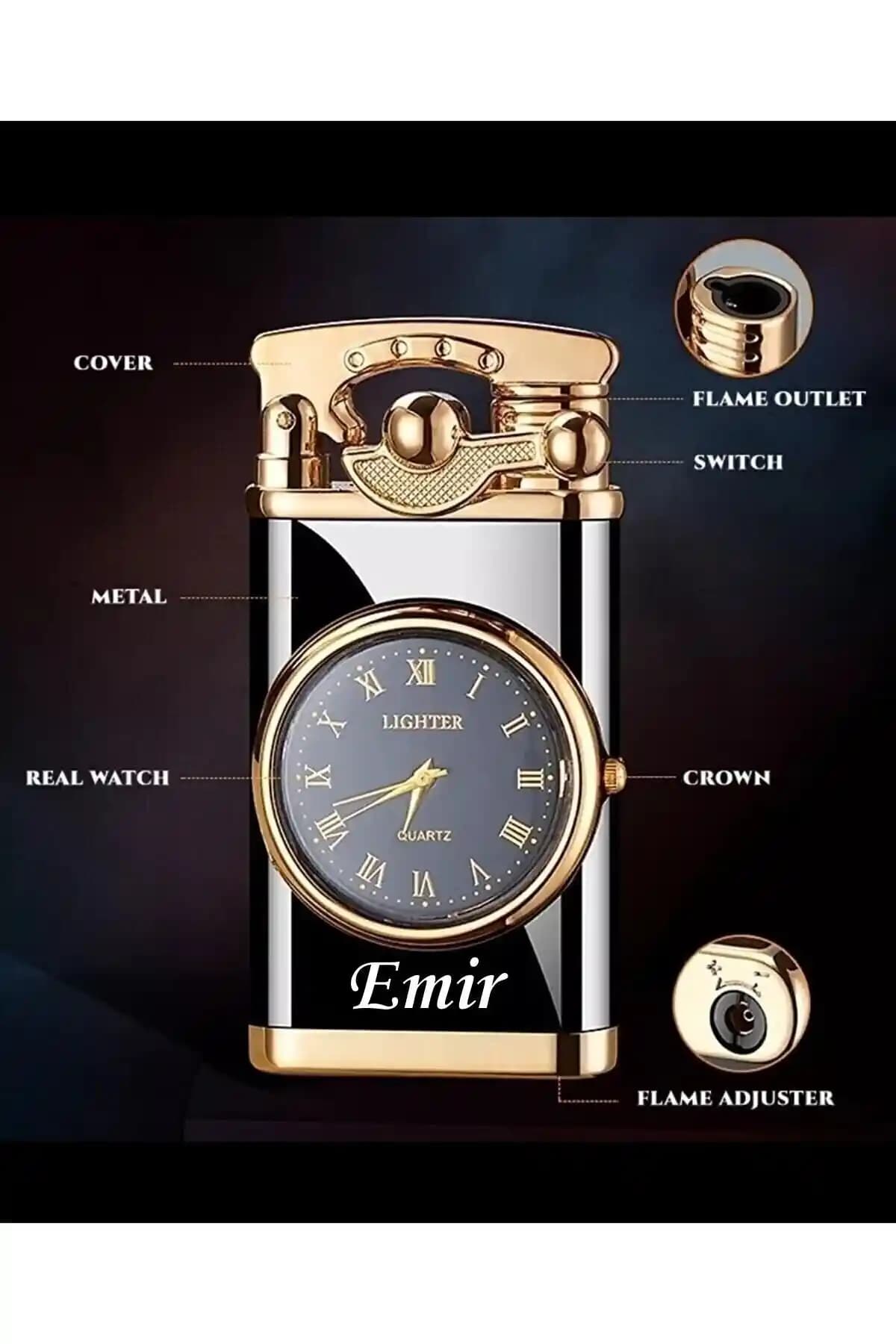 HEDGİFT Kişiye Özel Lüks Saatli Pürmüzlü Gazlı Çakmak: Şık ve Fonksiyonel Tasarım