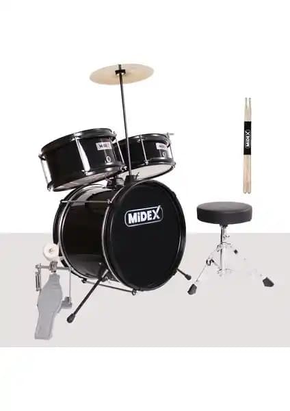 Midex CD300X-BK Akustik Çocuk Baterisi Davulu Seti: Dayanıklı ve Güvenli Başlangıç Müzik Aleti
