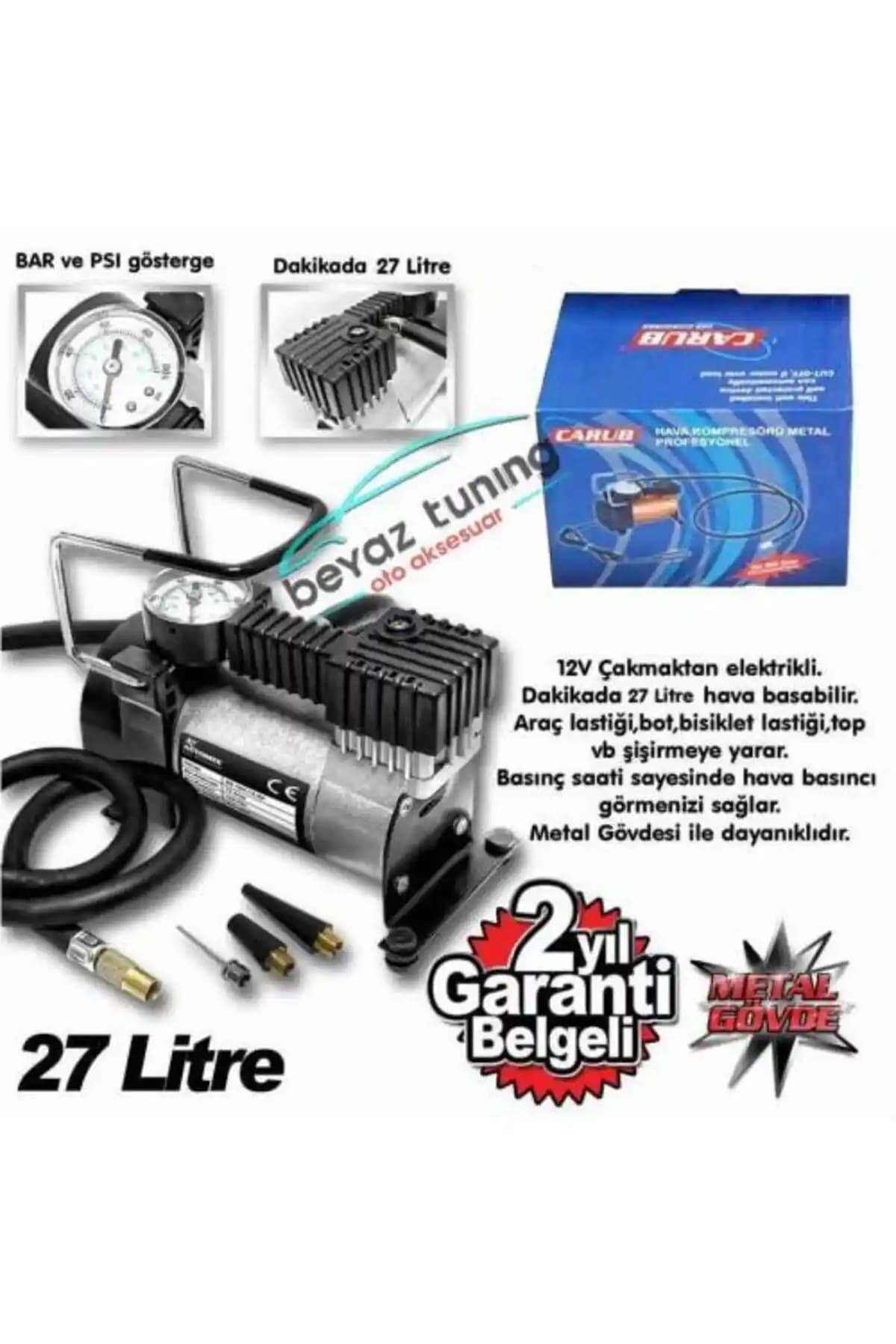 12 Volt Metal Görünümlü Hava Kompresörü — Çelik Gövdeyle Dayanıklı ve Çok Yönlü Şişirme