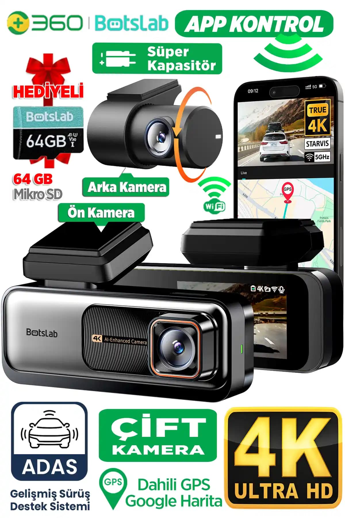 360 Botslab G980h Pro ADAS Ön-Arka Kamera: 4K UHD + 2K QHD, GPS, WiFi Araç İçi Kamera