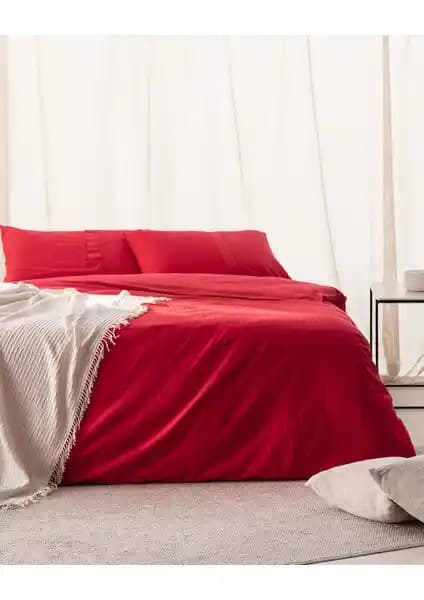 Adrien Çift Kişilik Nevresim Takımı (Çizgili) Kapaklı Kırmızı Pamuklu Türkiye Üretimi