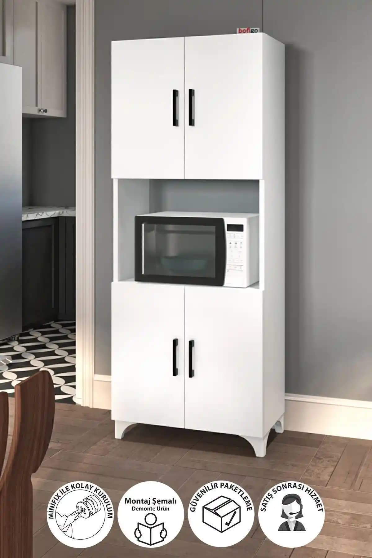 Bofigo Ece Çok Amaçlı Dolap: Mikrodalga Bölmesiyle Modern Beyaz Mutfağa Uyumlu