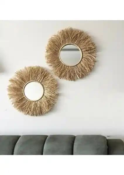 Bohem El Yapımı Rafya Ayna Seti (2'li) - Doğal Muz Lifi ve Yuvarlak Ahşap Çerçeve