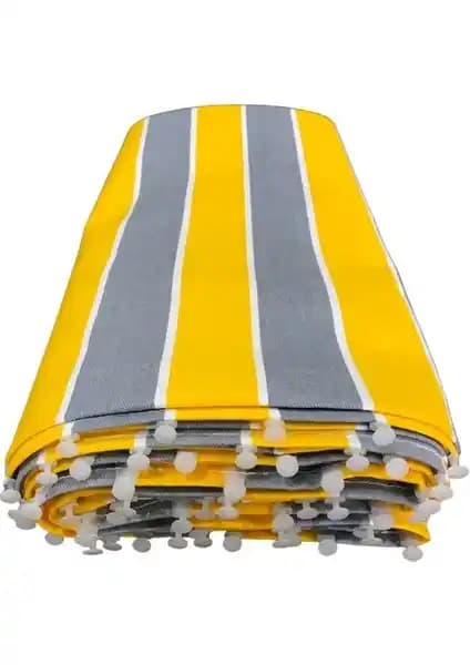 Devrim Olivya Tekstil Balkon Perdesi Bej Çizgili Gabardin, Halkalı Kornişli Montaj