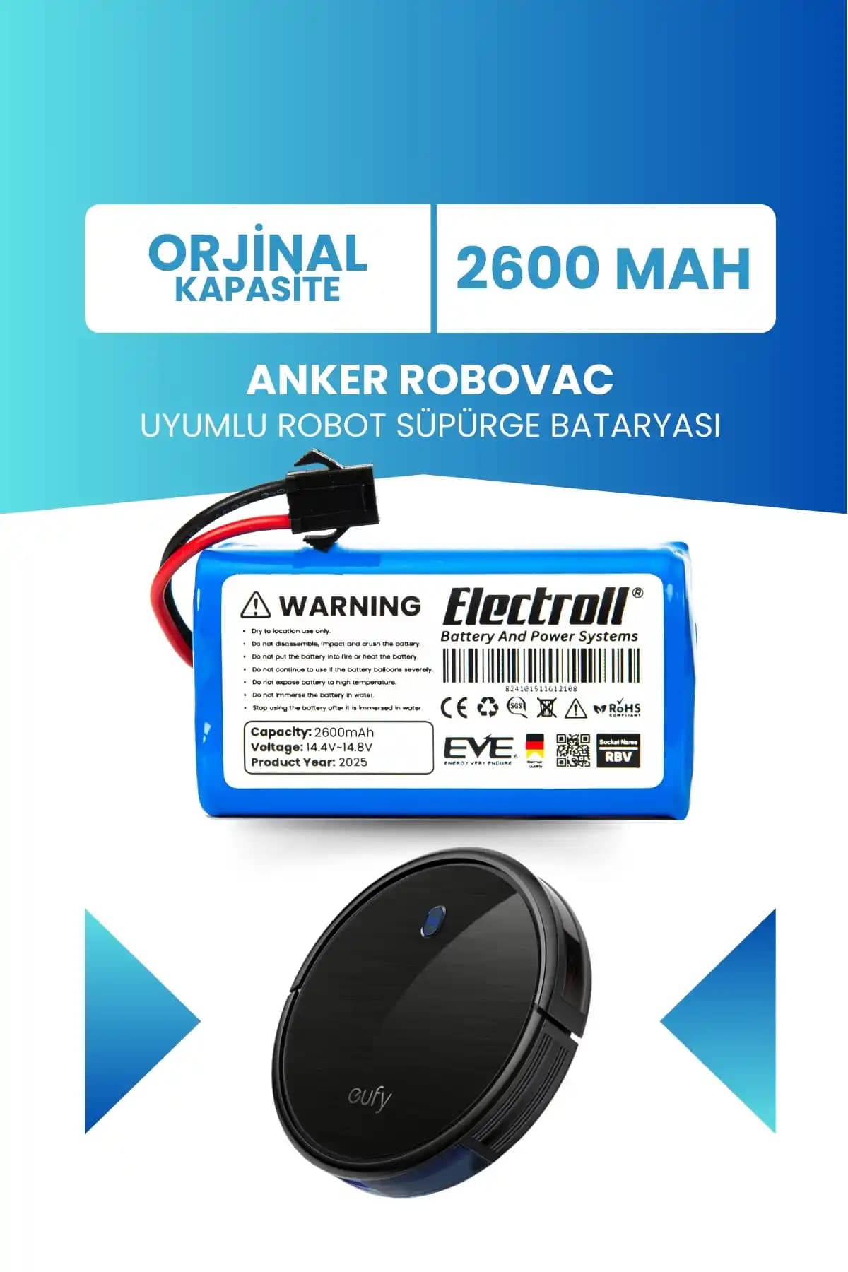 eufy Anker Robovac için 2.600 mAh orijinal kapasite batarya değişimi ve uyum bilgisi