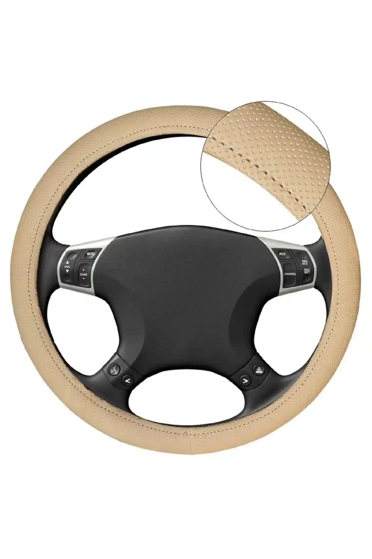 Fox Geçmeli Lux Suni Deri Direksiyon Kılıfı Bej/Gri, 38-40 cm Uyumlu, Kokusuz ve Dayanıklı