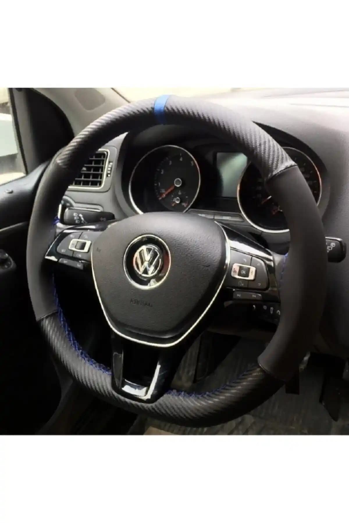 Karbon Alkantra Yüzüklü Oto Direksiyon Kılıfı – Siyah Zemin, Mavi Dikişli, Esnek Uyum