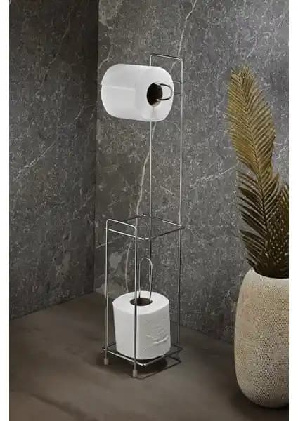Sas Ayaklı WC Kağıtlı Tuvalet Kağıtlığı: Krom Kaplama Yedek Kağıt Haznesi ve Fırça Alanı