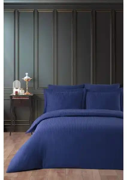 Varol Lastikli Pamuk Çizgili Çift Kişilik Nevresim Lacivert: Saten Görünümlü Konfor