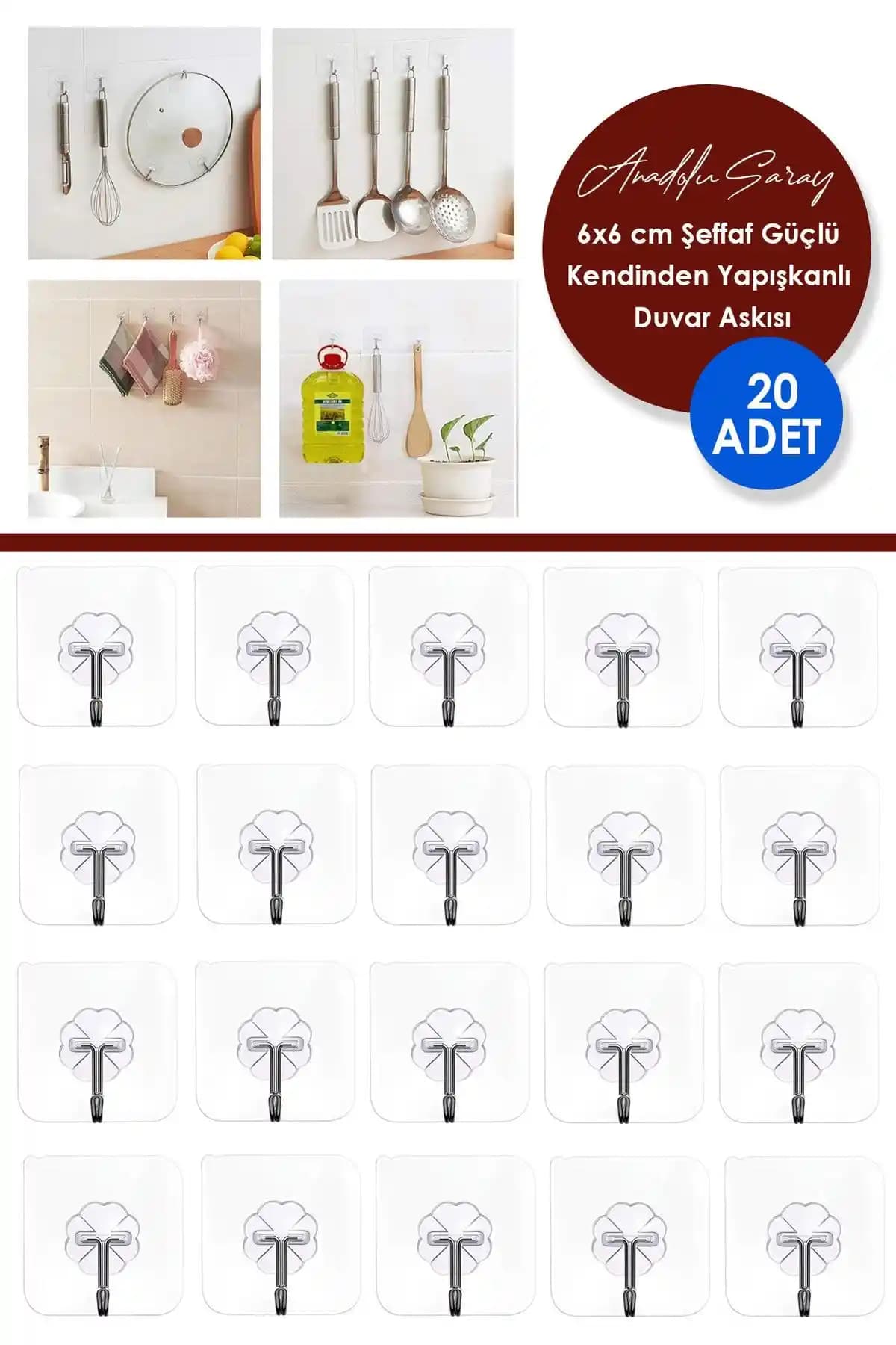 Anadolu Saray Çarşısı'ndan 20 Adet Şeffaf Kendinden Yapışkanlı Kapı ve Duvar Askıları