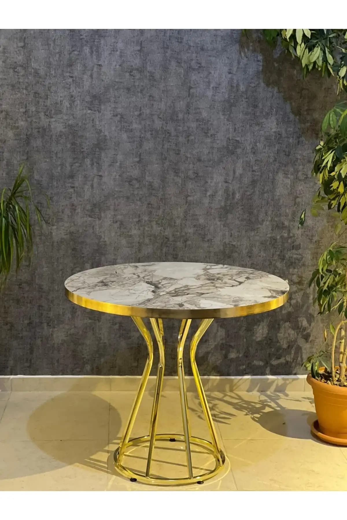 Avvio 90x90 Beyaz Mermer Görünümlü Gold Kum Saat Ayaklı Modern Mutfak Masası