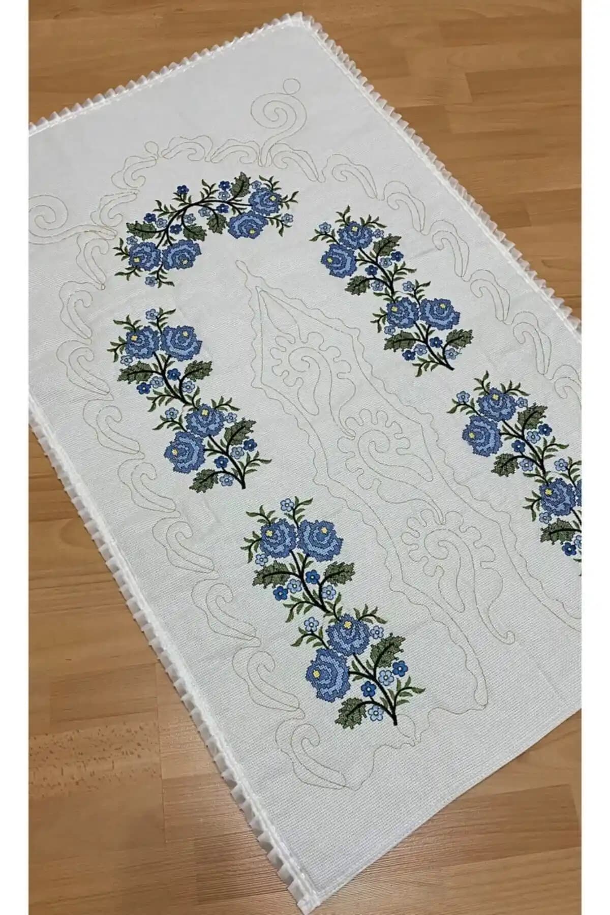 AYHANHOME Çeyizlik Kaneviçe Etamin İşleme Nakışlı Krem Mavi Pamuk Keten Seccade