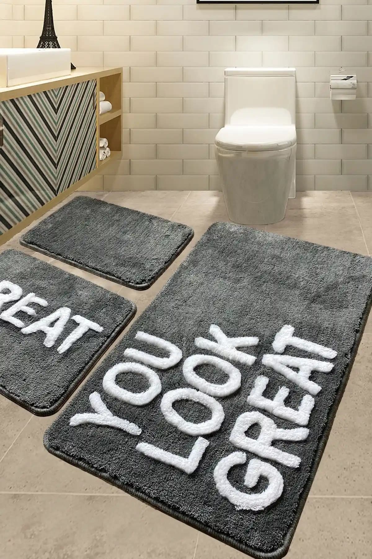 Chilai Home Great Gri 3'lü Banyo Halısı Seti Modern ve Konforlu Tasarım