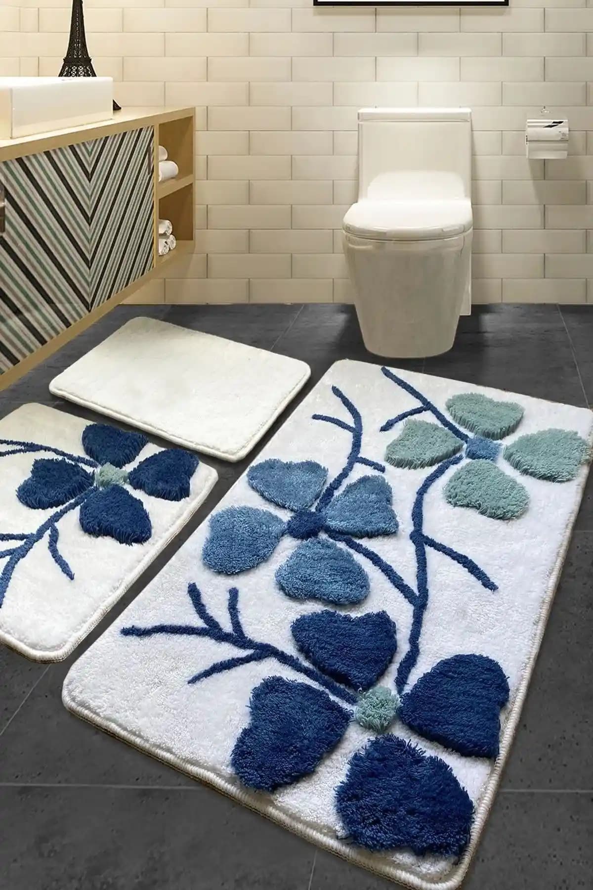 Chilai Home Kırçiçeği Mavi 3'lü Banyo Halısı Seti Estetik ve Fonksiyonel Dekorasyon Çözümü