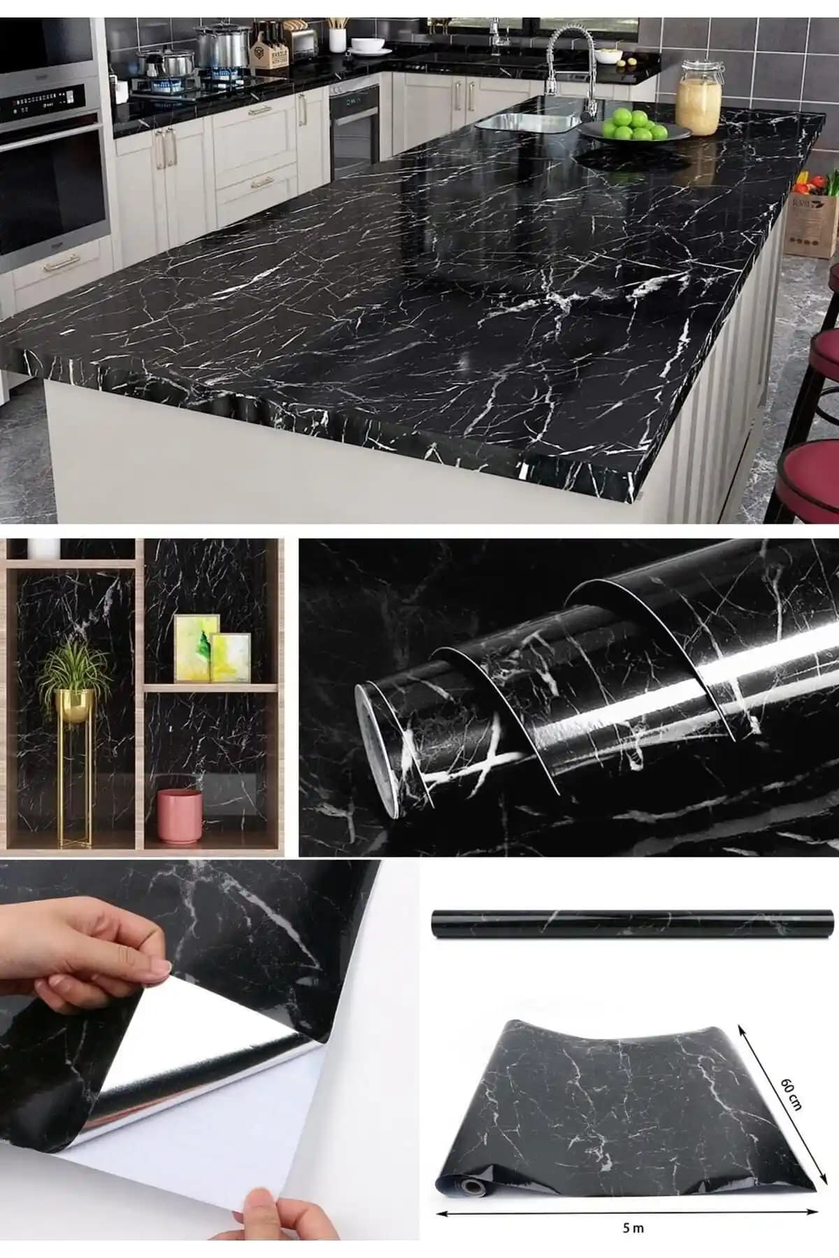 Greathings Siyah Mermer Desenli Yapışkanlı Folyo 5 Metre Dayanıklı ve Şık Kaplama