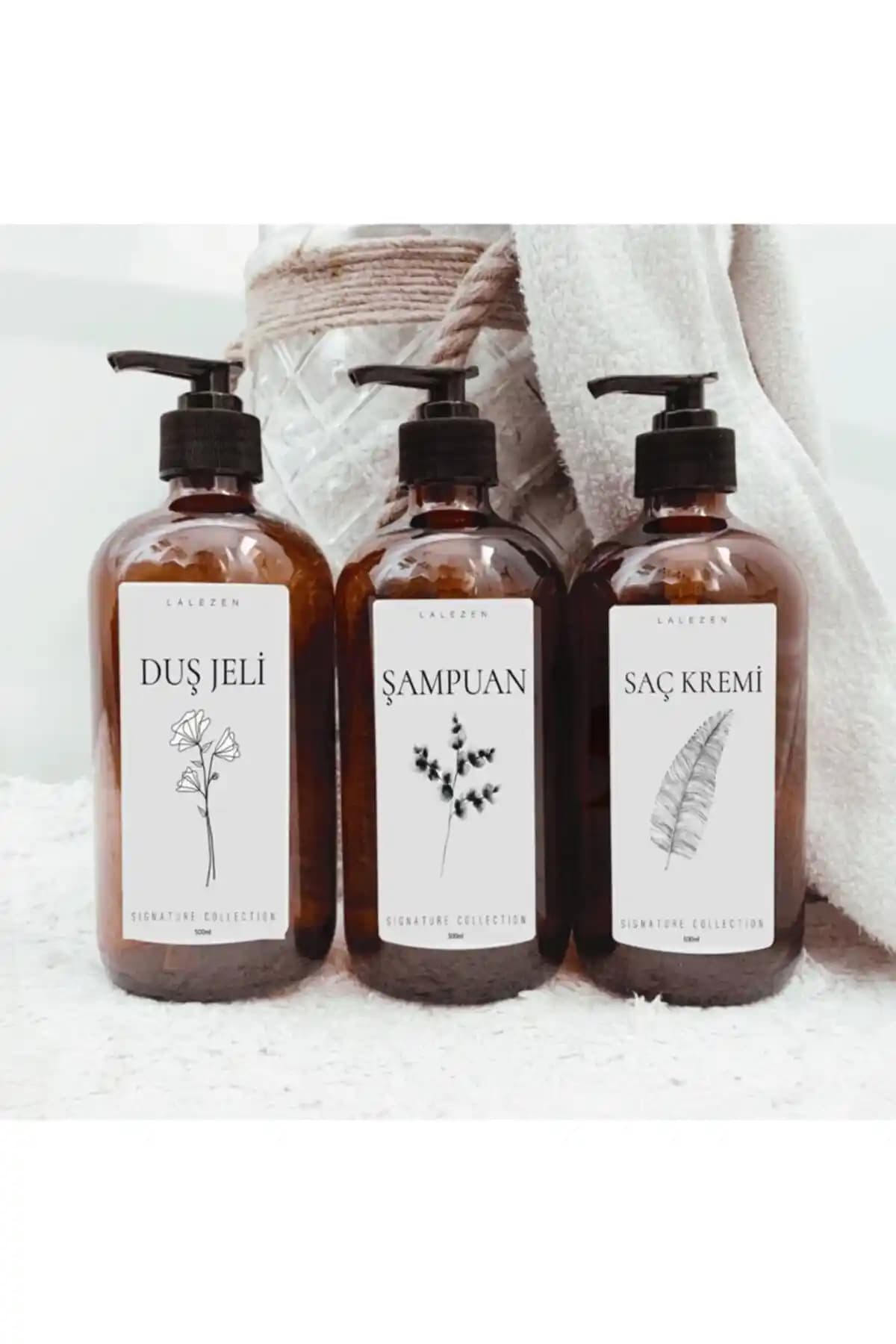 Lalezen Home 3'lü Amber Cam Şişe Çiçekli Dusset Seti Şıklık ve Fonksiyonellik Bir Arada