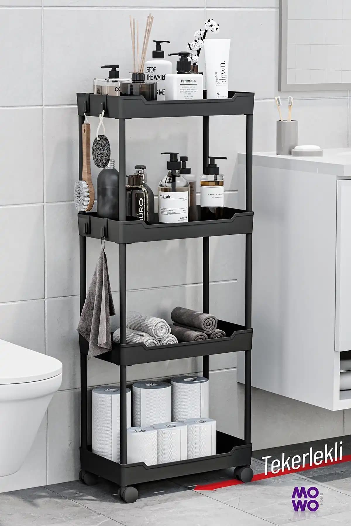 Mowo Home 4 Katlı Tekerlekli Banyo Rafları Gri ve Siyah Modellerinin Karşılaştırması 2