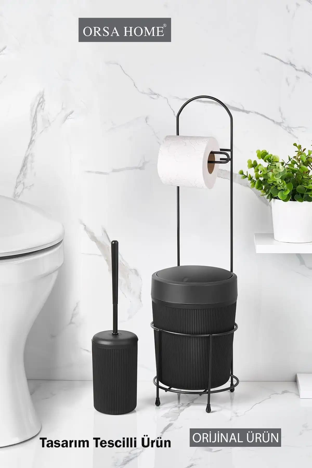 ORSA HOME Siyah Yuvarlak Kovalı WC Kağıtlık ve Tuvalet Fırça Seti Modern Banyo Dekoru