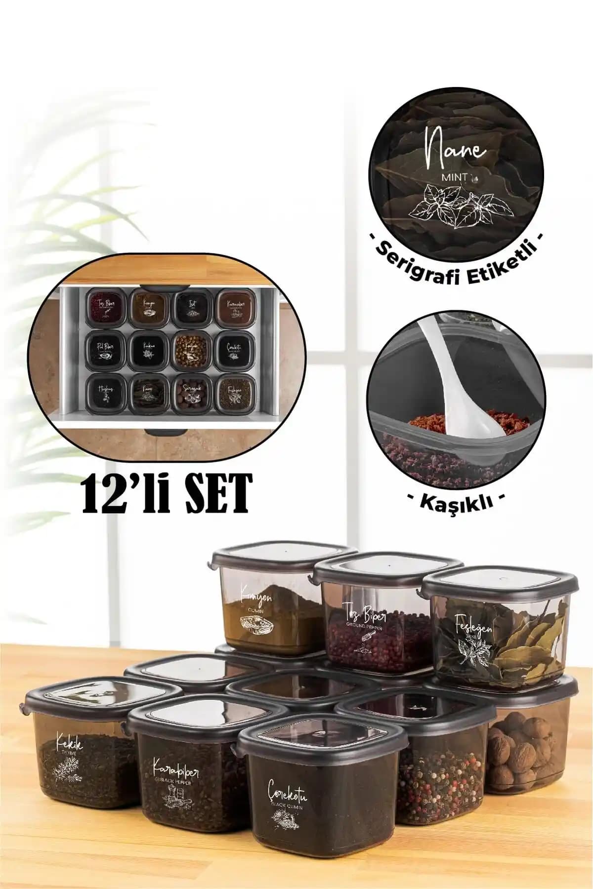 Vienev Beyaz Serigrafi Etiketli Kaşıklı 12'li Baharat Saklama Kabı Seti 0,55 Litre