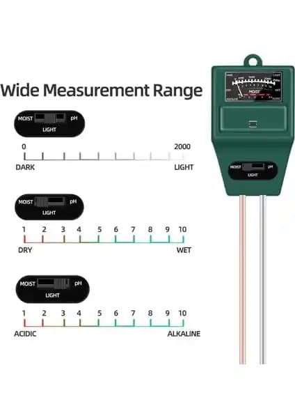 Toprak Analizi ve Bitki Bakımı İçin Çok Fonksiyonlu Ph Metre Nem ve Işık Şiddeti Ölçer