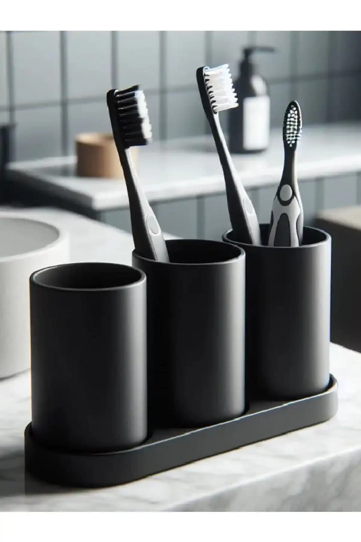 3DAKSESUAR 3 Bardaklı Diş Fırçası Tutucu Seti ile Fonksiyonel ve Şık Banyo Düzeni