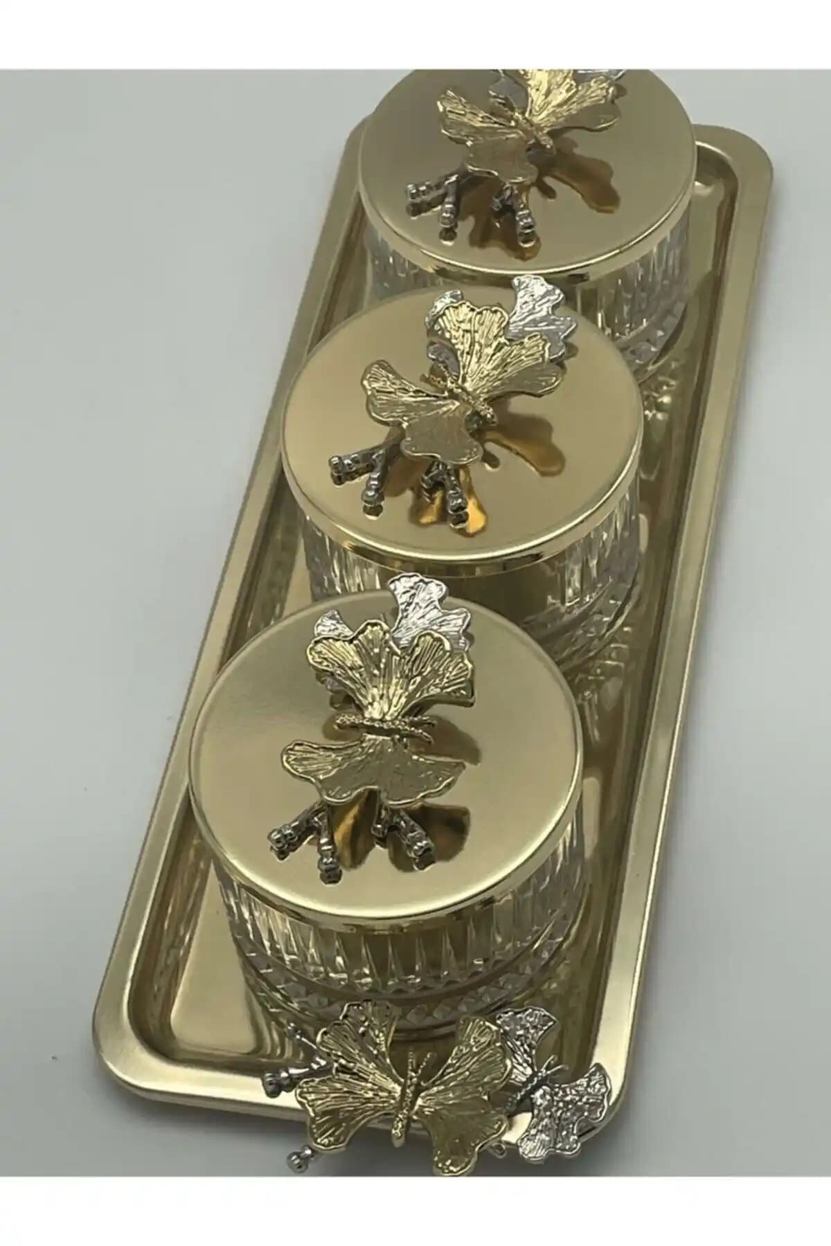 Aslı Hediyelik Elysia Gold 3'lü Altın Detaylı Cam Çerezlik Seti ile Şık Sunumlar