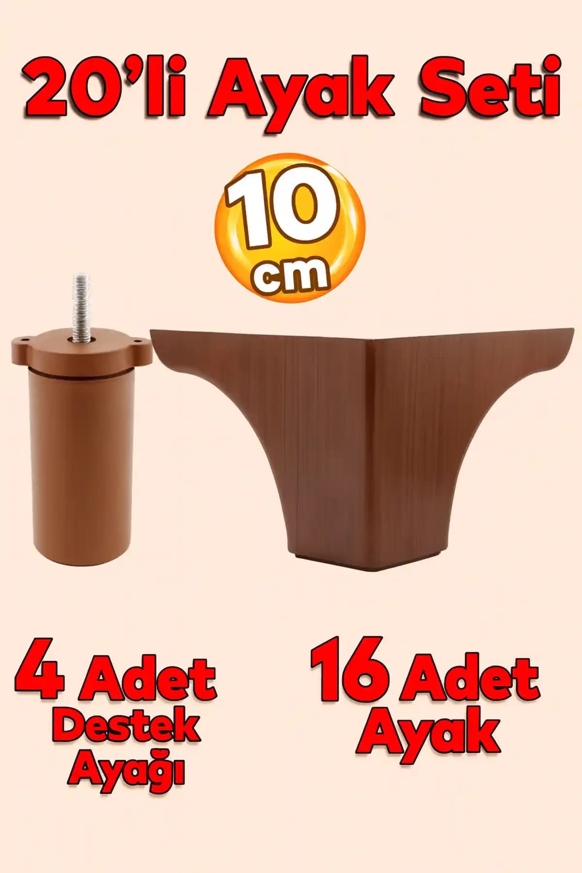 Badem10 20'li Set Rose Lüks Mobilya Ayağı 10 cm Kahverengi Ahşap Desenli
