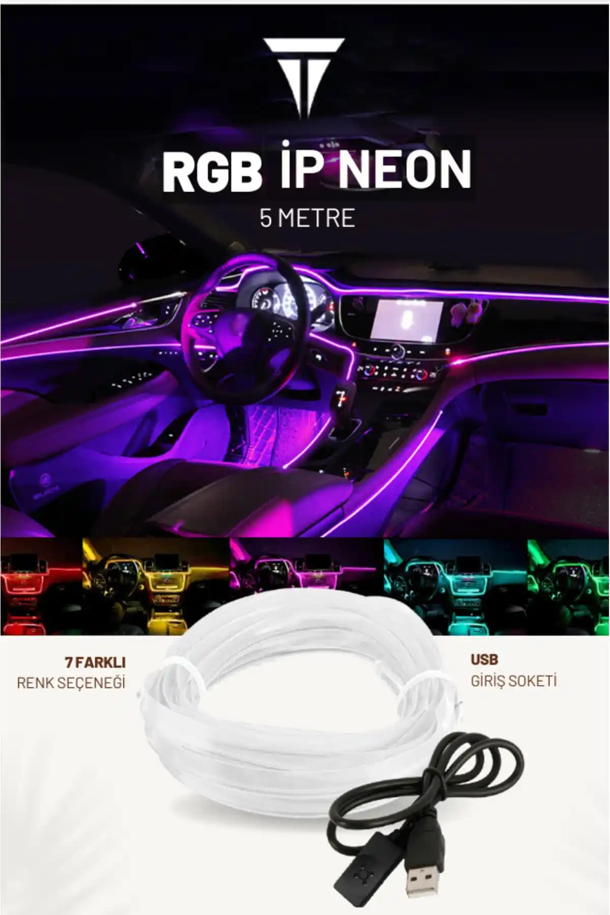 C9 RGB USB Neon Torpido LED 5 Metre Araç İçi Ambiyans Aydınlatma Şeridi