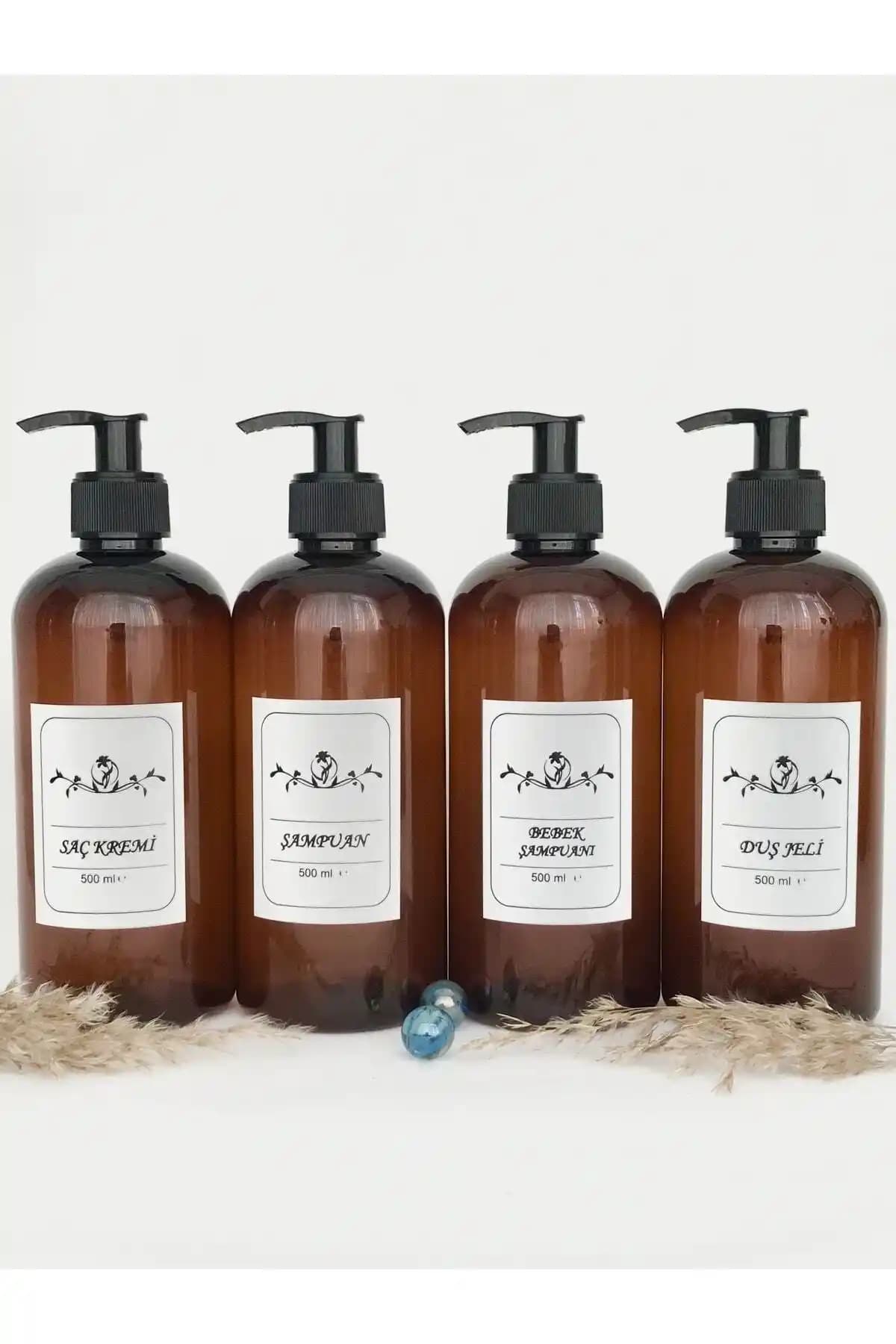 Dem Home Amber Cam Görünümlü Plastik 4'lü Banyo Şişe Seti Dayanıklı ve Estetik Tasarım