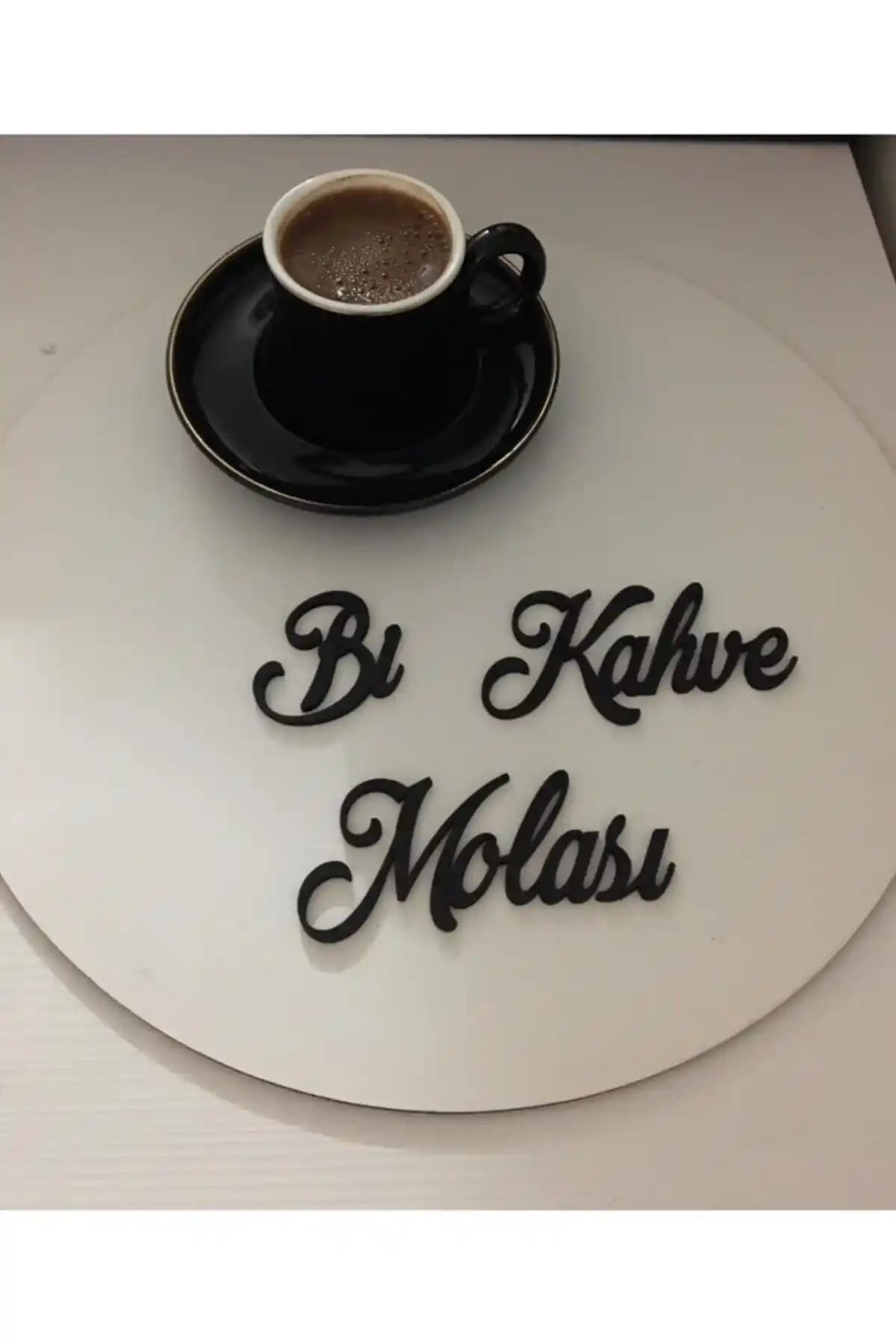 Doğal Ahşap Yuvarlak Kahve & Sunum Tepsisi - Bi Kahve Molası Yazılı Tasarım