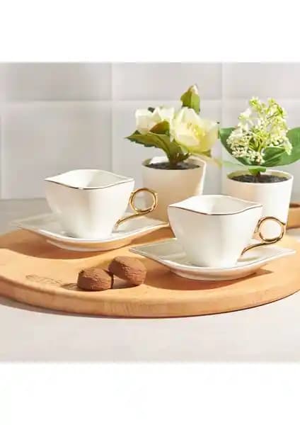 Emsan Sonsuz Aşk 2 Kişilik Beyaz Gold Porselen Kahve Fincan Takımı 100 ml