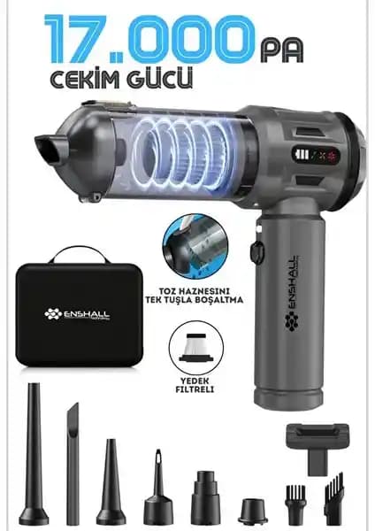Enshall Ultra Güçlü Pro 17.000PA Şarjlı Araç İçi Süpürge LED Göstergeli Taşınabilir