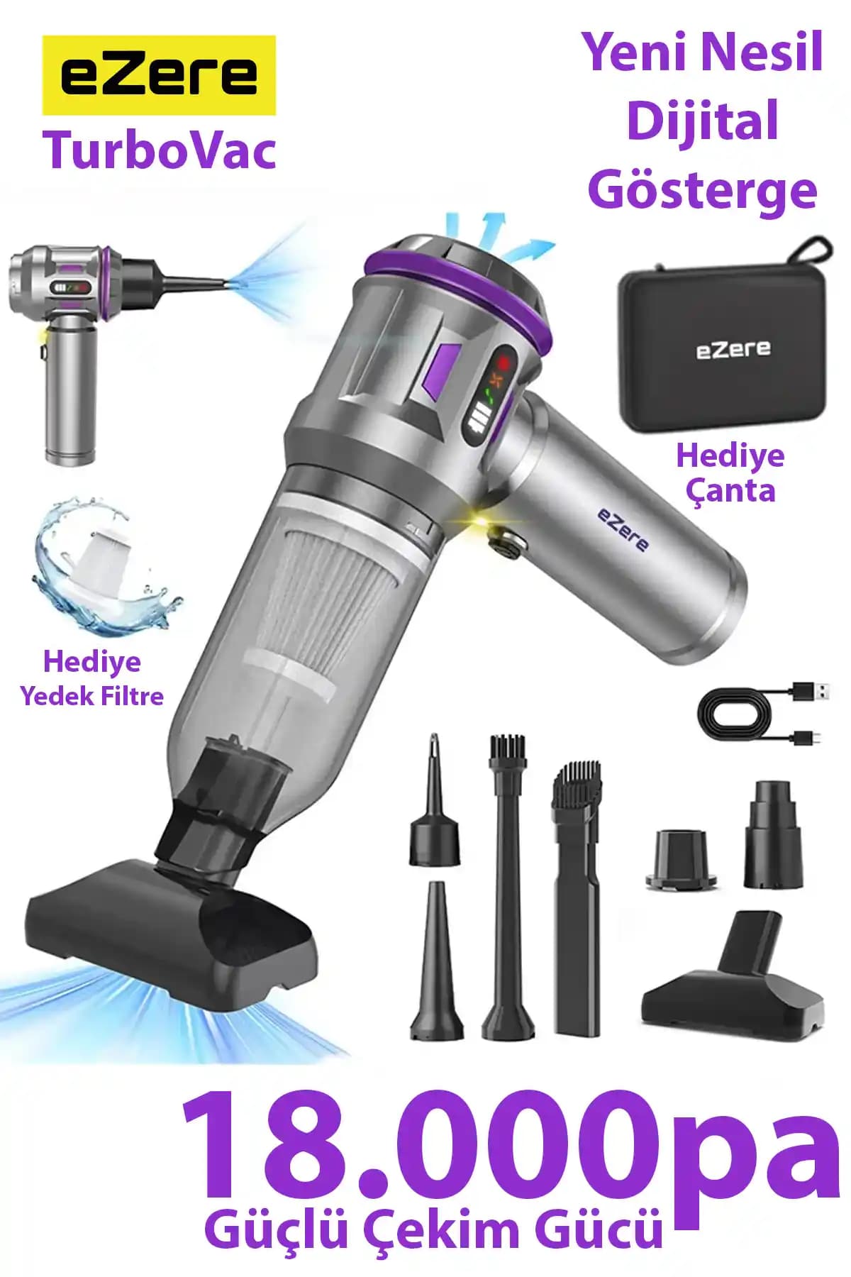 EZERE TurboVac 18000pa: Kablosuz ve Güçlü Mini Araç Süpürgesi ile Etkili Temizlik