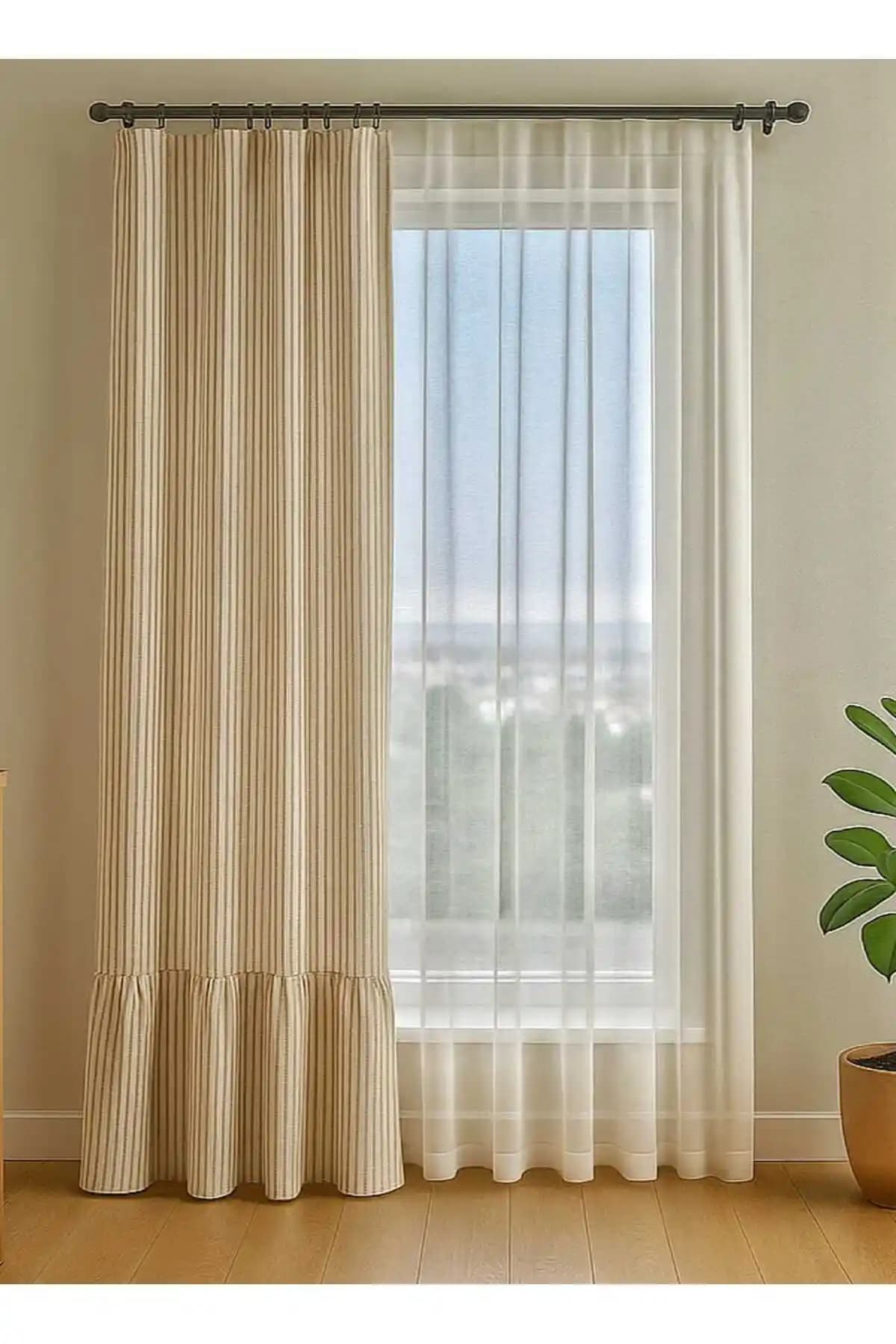 HOME ART ATELIER El Yapımı Fırfırlı Kahve Çizgili Doğal Keten Perde Tasarımı ve Özellikleri