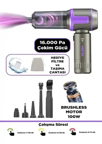 Kortec 16.000 Pa Güçlü Kablosuz Portatif Mini Araç ve Ev Süpürgesi