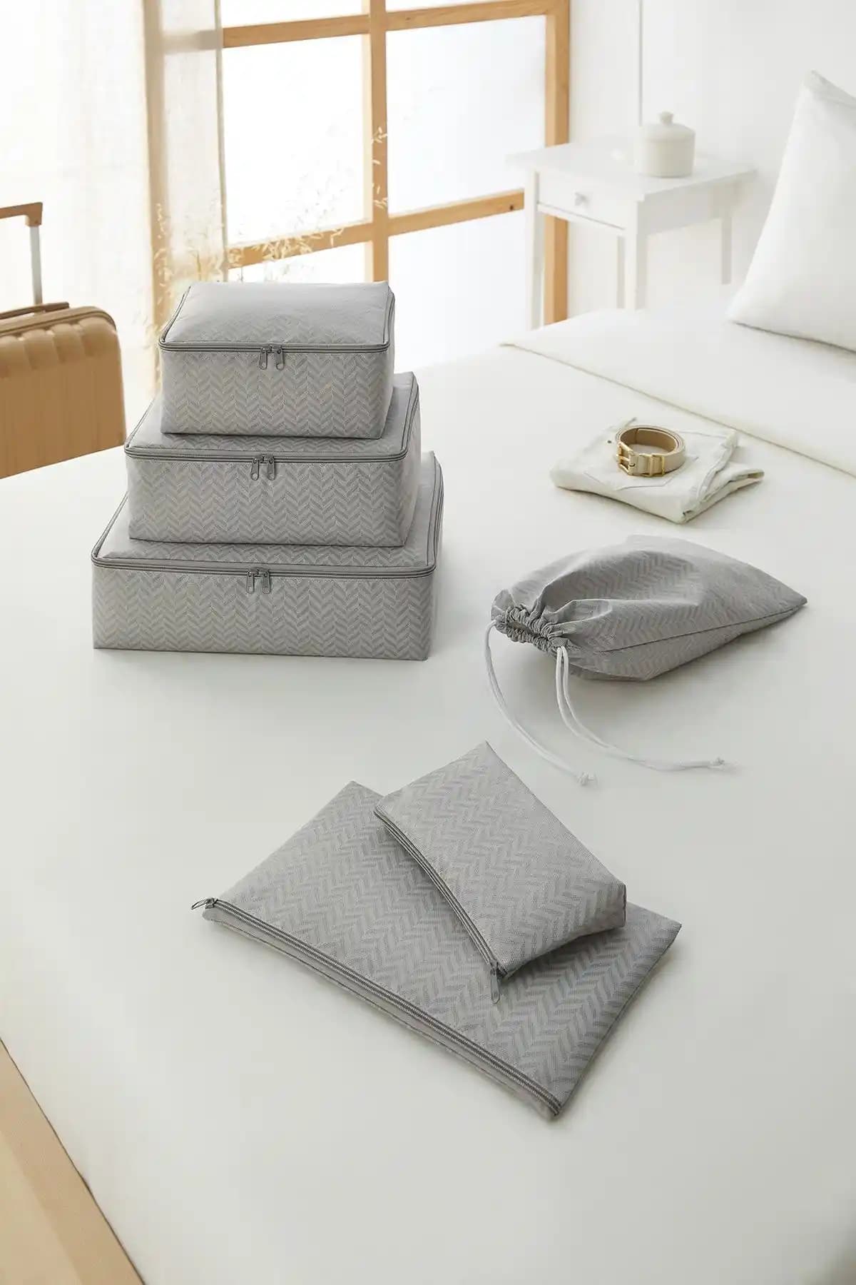 Ocean Home Textile 6'lı Gri Balıksırtı Valiz Düzenleyici Set ile Seyahatte Düzen Sağlayın