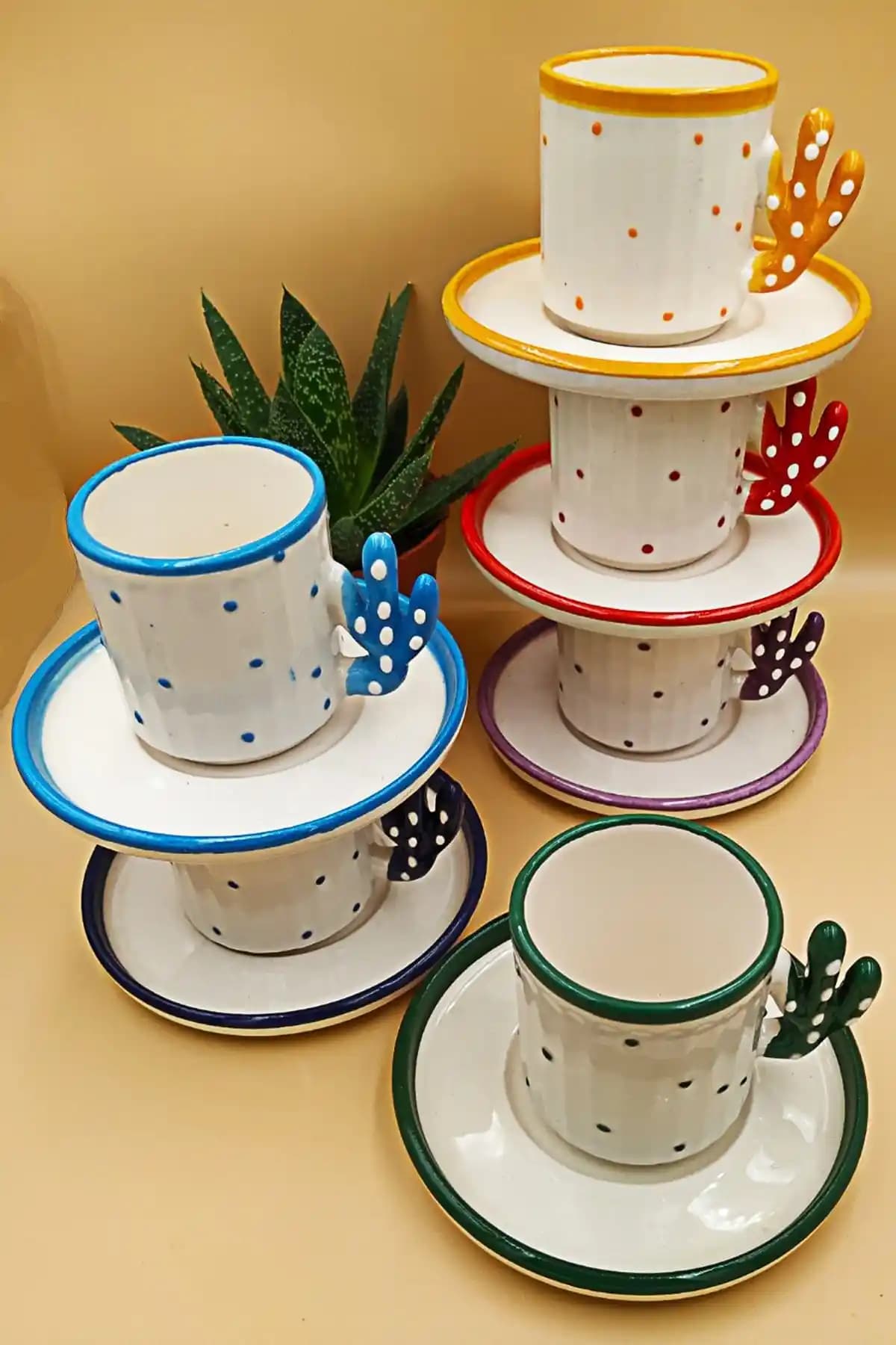 Otogar Çini Kaktüs Temalı 6 Kişilik 90 ml Seramik Türk Kahvesi Fincan Takımı